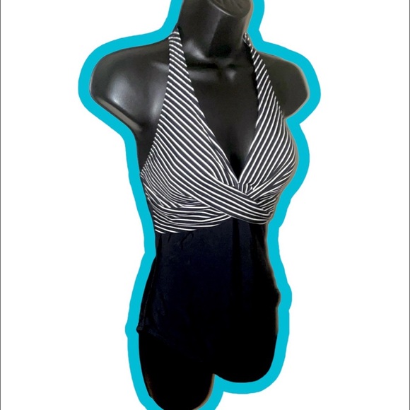 Figleaves Tailor Halter Twist Front Tummy Control Stripe Swimsuit - Picture 3 of 9